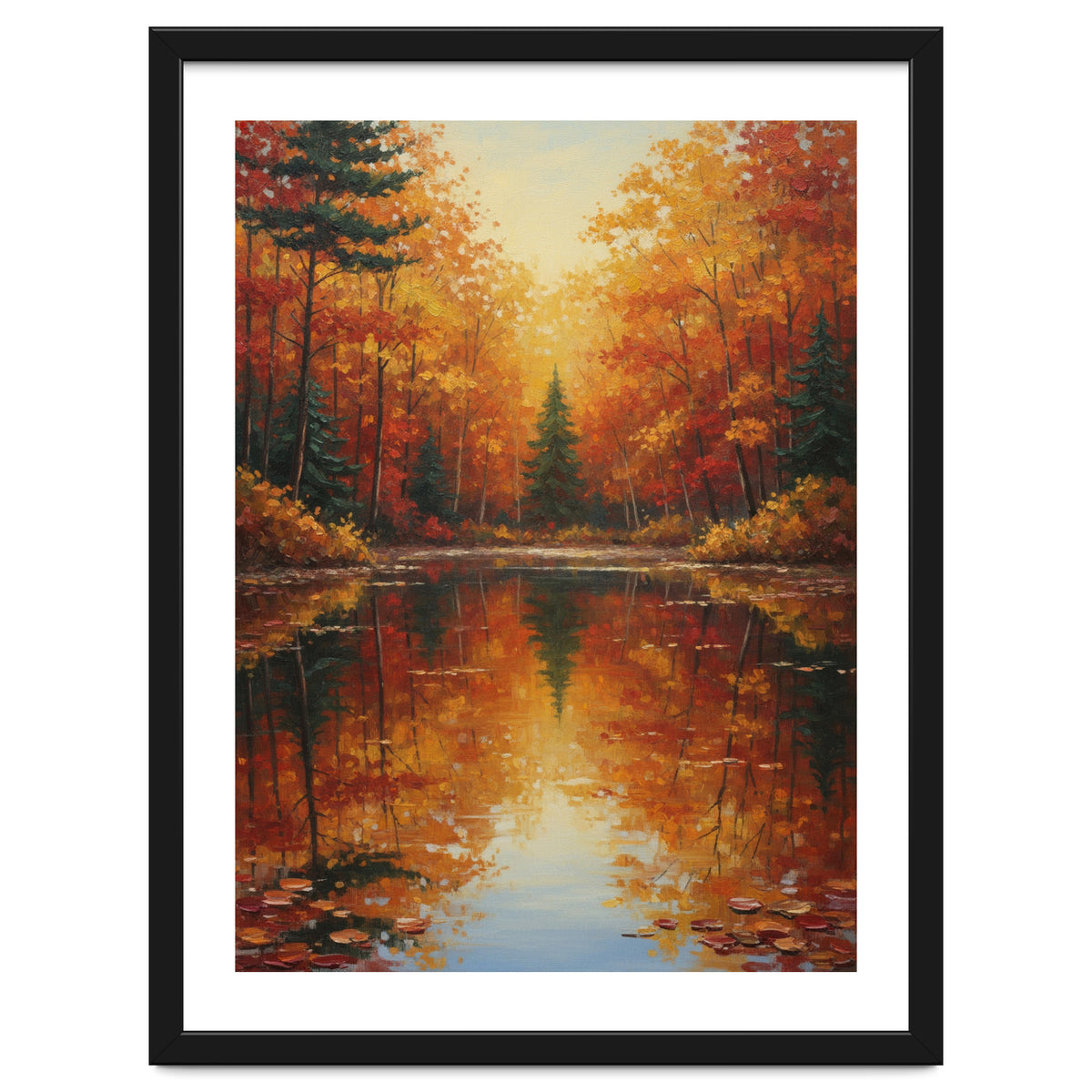 Golden Autumn Reflection: Impasto Forest Landscape