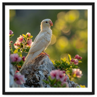 Albino Parrot Perched On A Rock Amongst Flowers