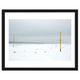 Seagulls in between the volleyball poles in winter snow beach thumbnail