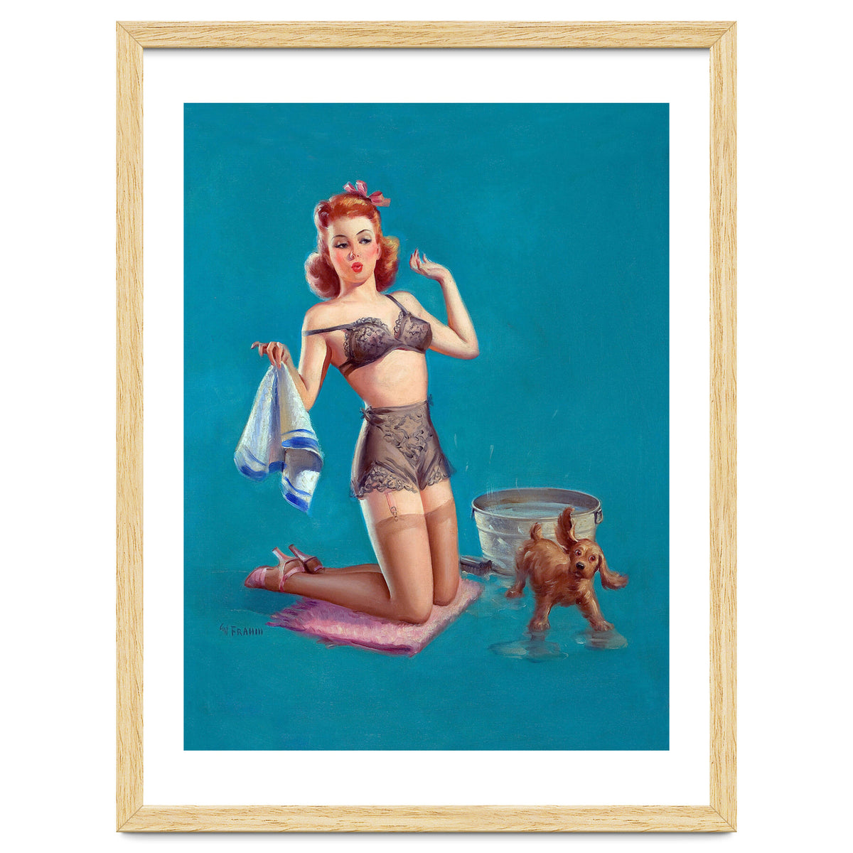 Pinup Girl Bathing A Dog