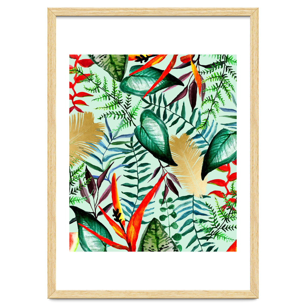 Paradise, Tropical Jungle Botanical Bohemian Illustration, Palm Bird of Paradise Gold Painting