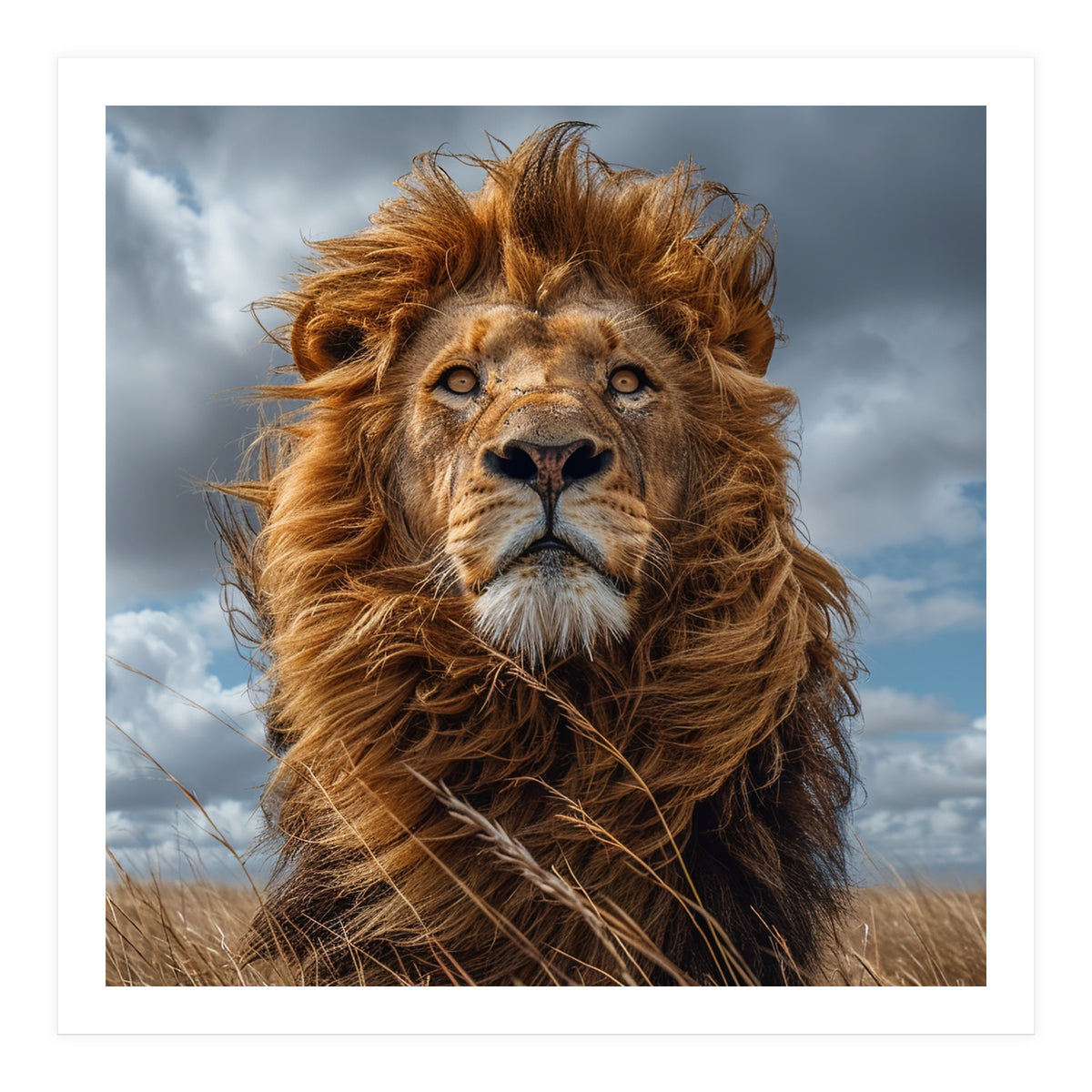 Majestic Lion Portrait Windblown Mane Outdoors (Print Only)
