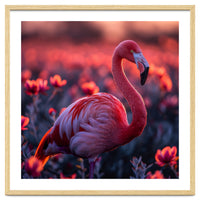 Pink Flamingo Bird Standing Among Flowers At Sunset