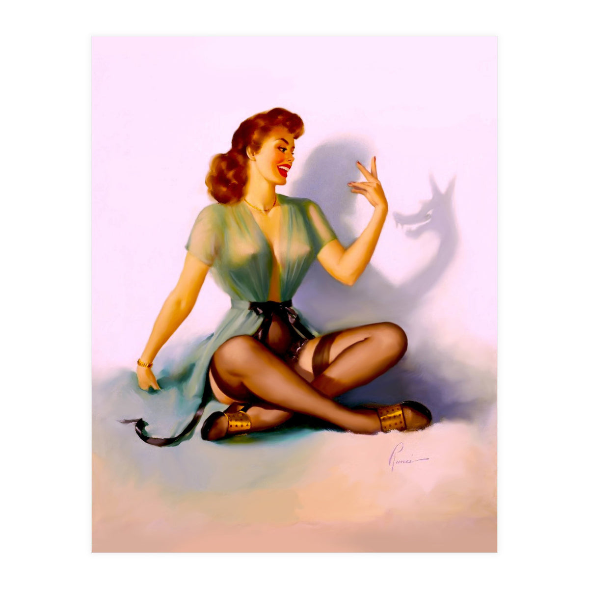 Sexy Pinup Making A Big Bad Wolf Shadow On The Wall (Print Only)