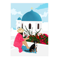 Greek Staycation, Pets Santorini Tropical Summer Travel, Dog White Buildings Architecture Fashion Bohemian (Print Only)