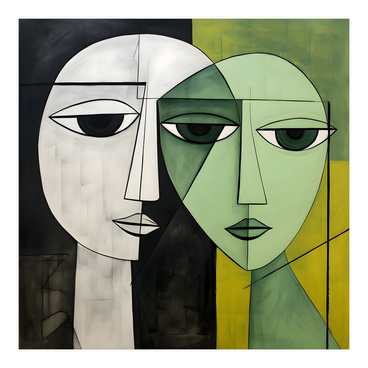 DYNAMIC FUSION, Two abstract heads converge - vibrant green tones intertwine with cool grey hues, a dance of contrast and connection. (Print Only)
