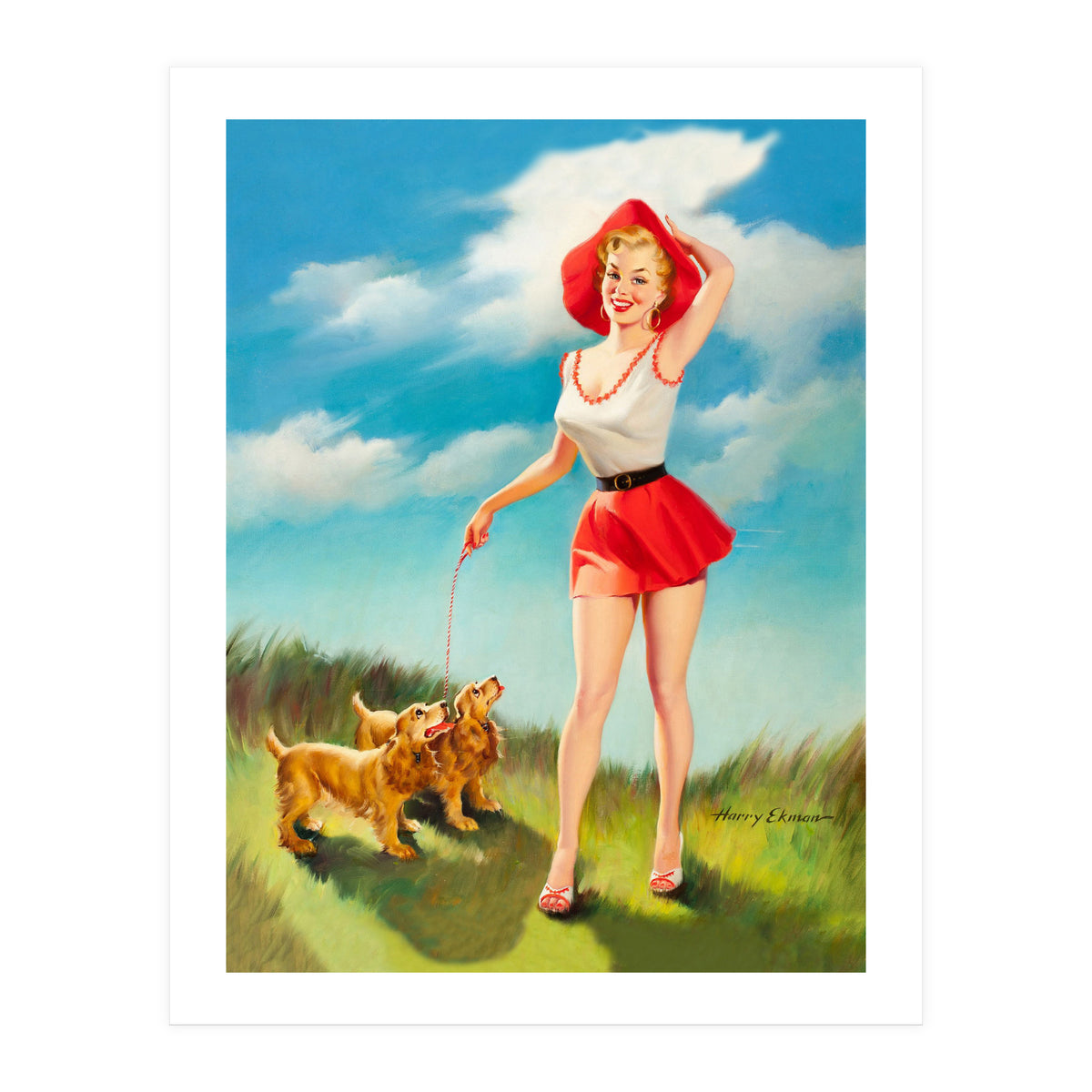 Pinup Girl In Little Red Dress And Two Dogs (Print Only)
