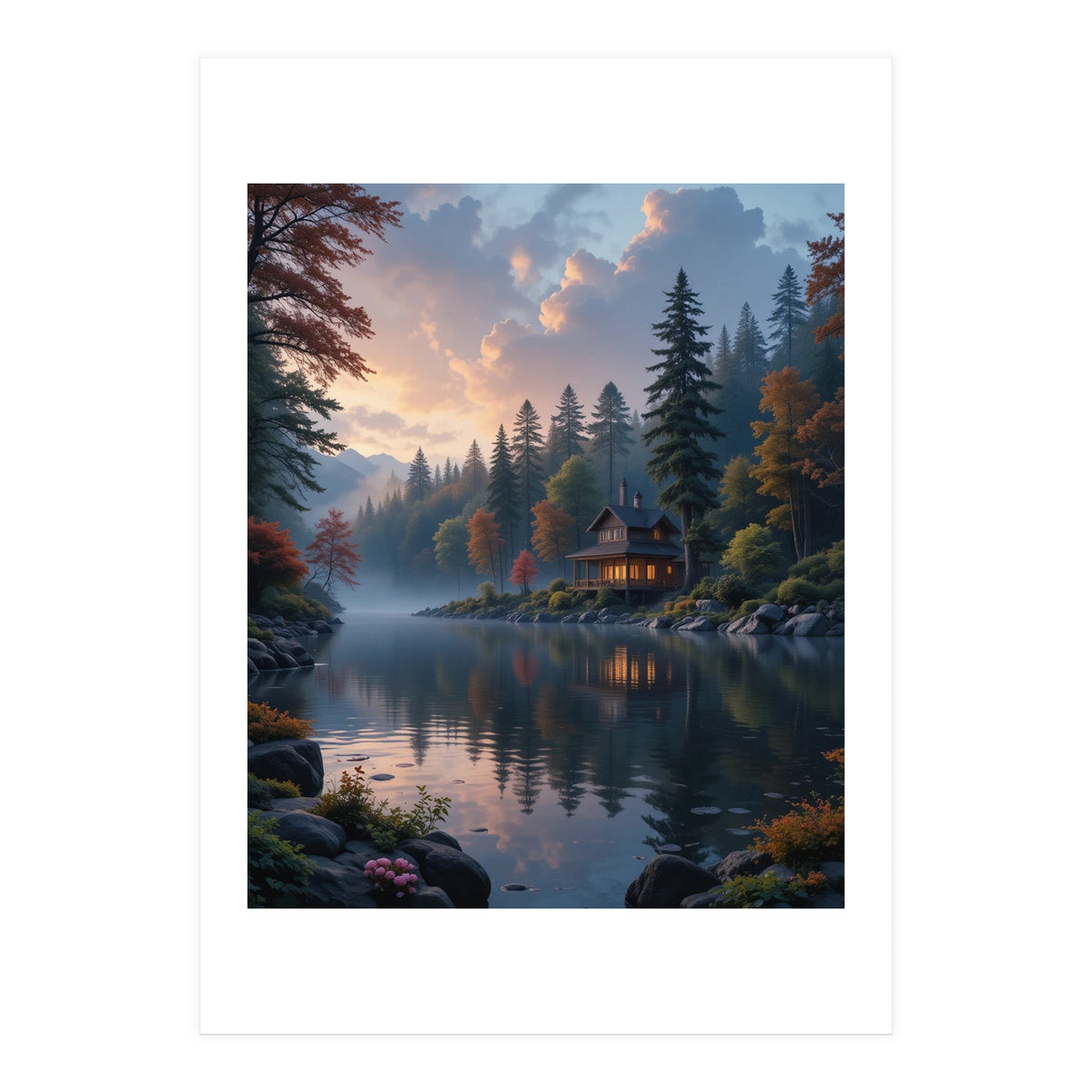 Serene Lakeside Retreat in Autumn Forest (Print Only)