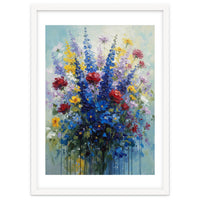 Vibrant Blue Delphinium and Red Rose Heavy Impasto Oil Painting