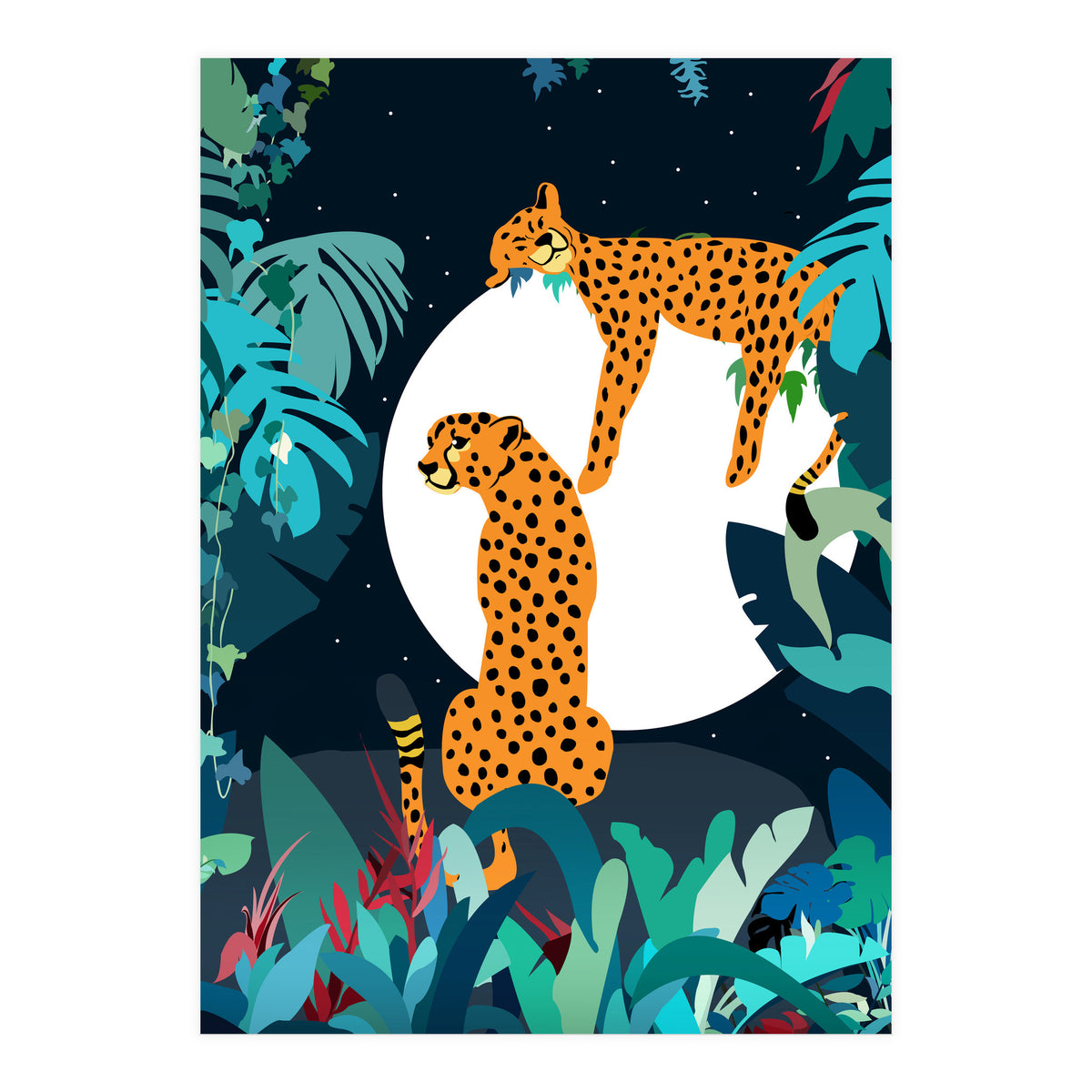 Over The Moon, Leopard In Love, Jungle Wildlife Tropical Tiger Botanical, Nature Cat Dark Animals (Print Only)