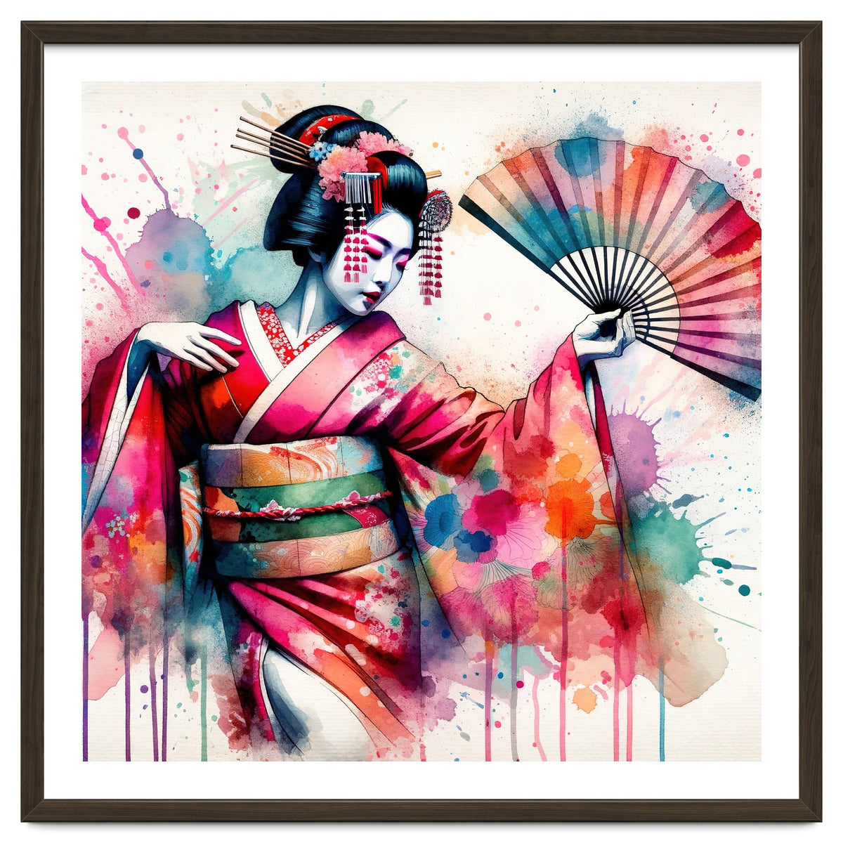 Vibrant Geisha With Rainbow Hand Fan