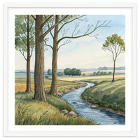 Pastoral Countryside Watercolor Painting with Winding Stream Meadows and Deciduous Trees Landscape