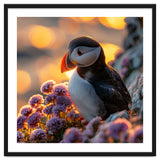 Puffin Bird Amidst Purple Flowers Golden Hour thumbnail