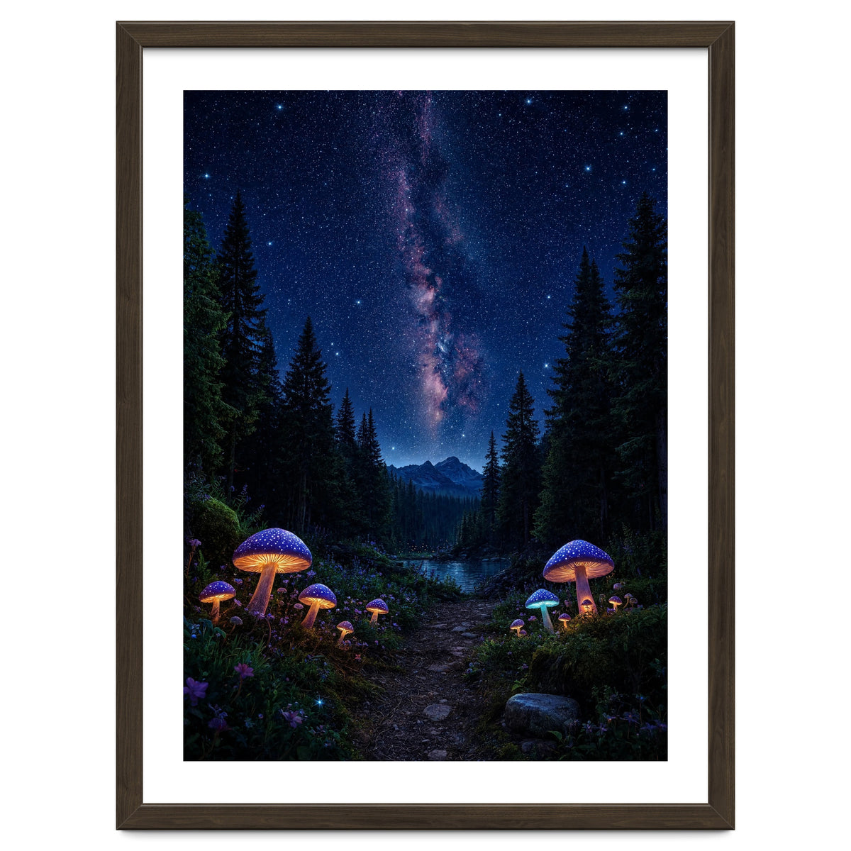 Enchanted Midnight Forest: Glowing Mushrooms and Milky Way