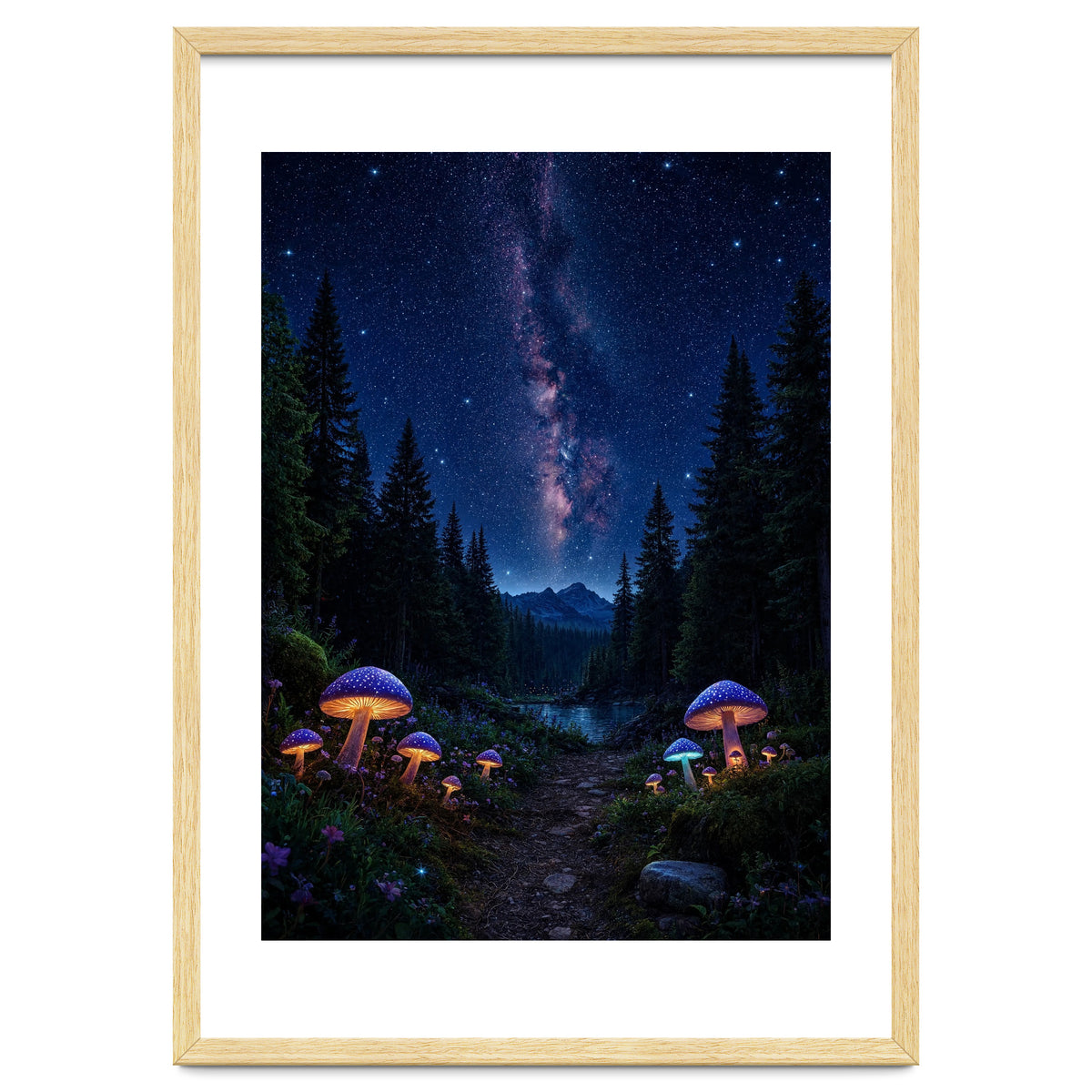 Enchanted Midnight Forest: Glowing Mushrooms and Milky Way