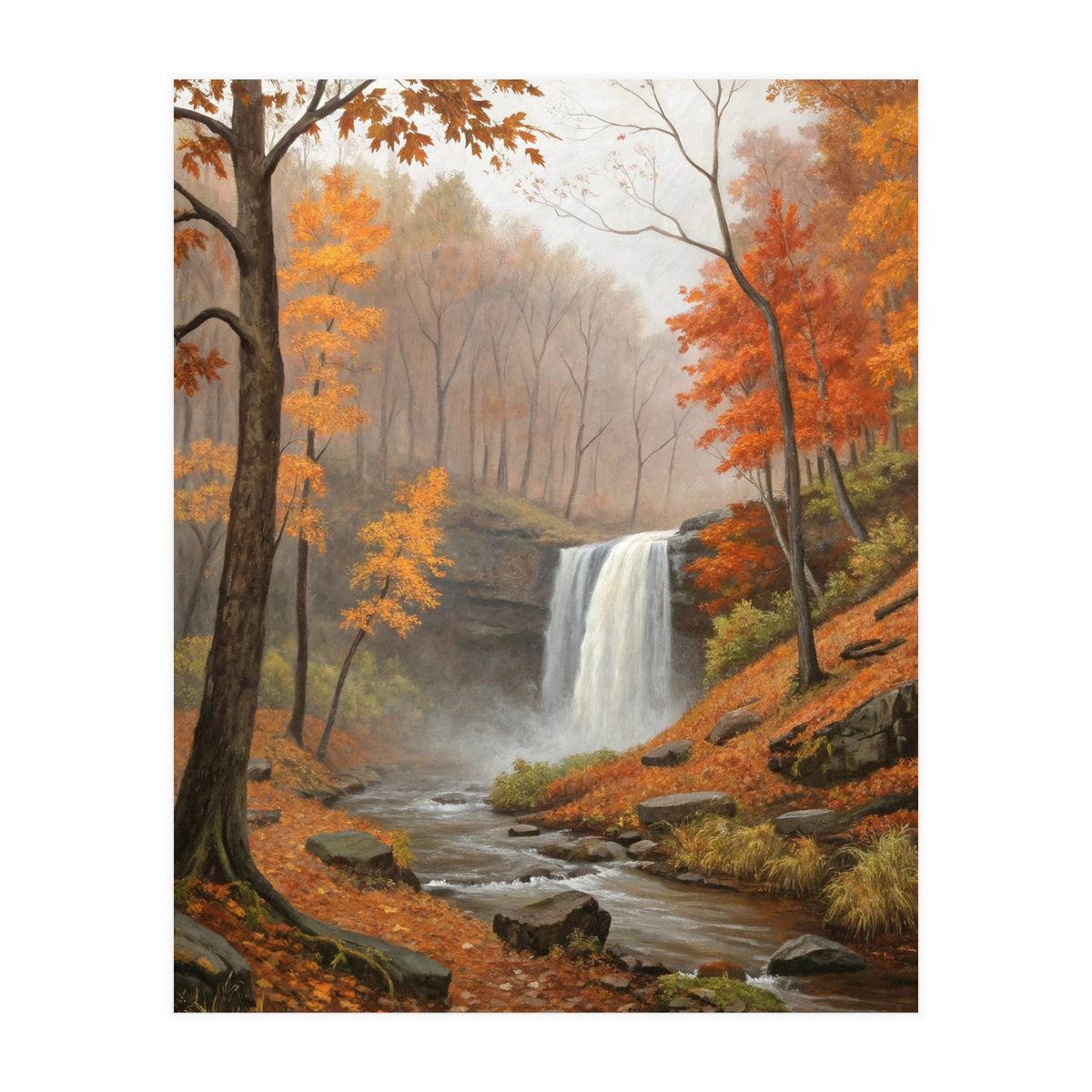 Serene Autumn Waterfall in Misty Forest (Print Only)