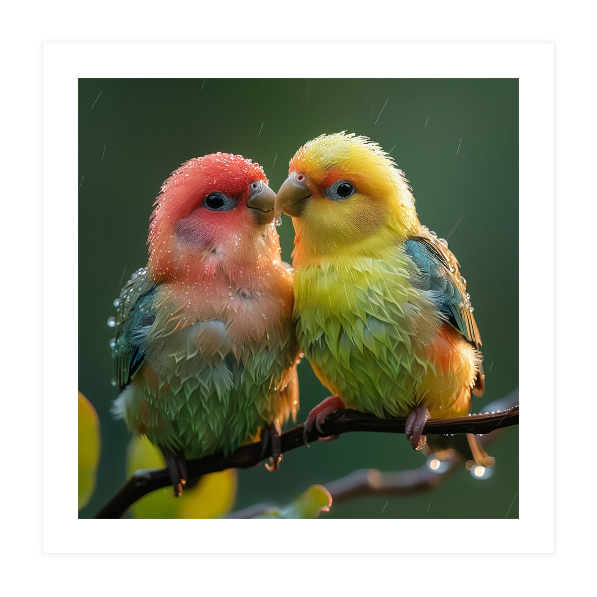 Two Lovebirds Perched On A Branch In Rain (Print Only)