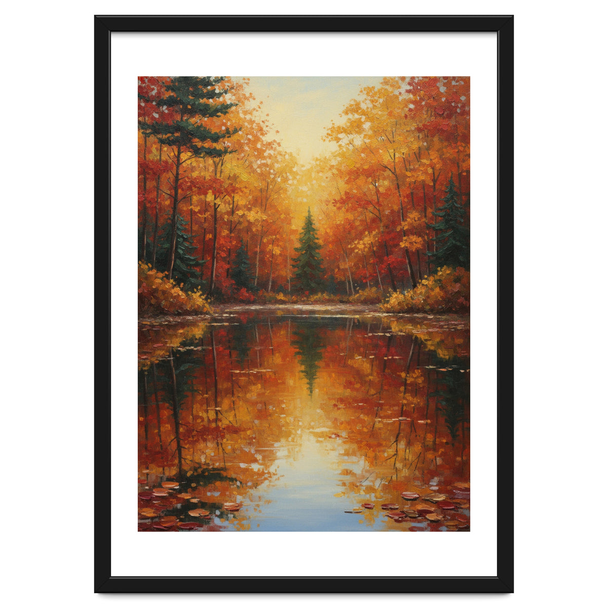 Golden Autumn Reflection: Impasto Forest Landscape