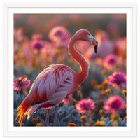 Pink Flamingo Standing In A Field Of Flowers