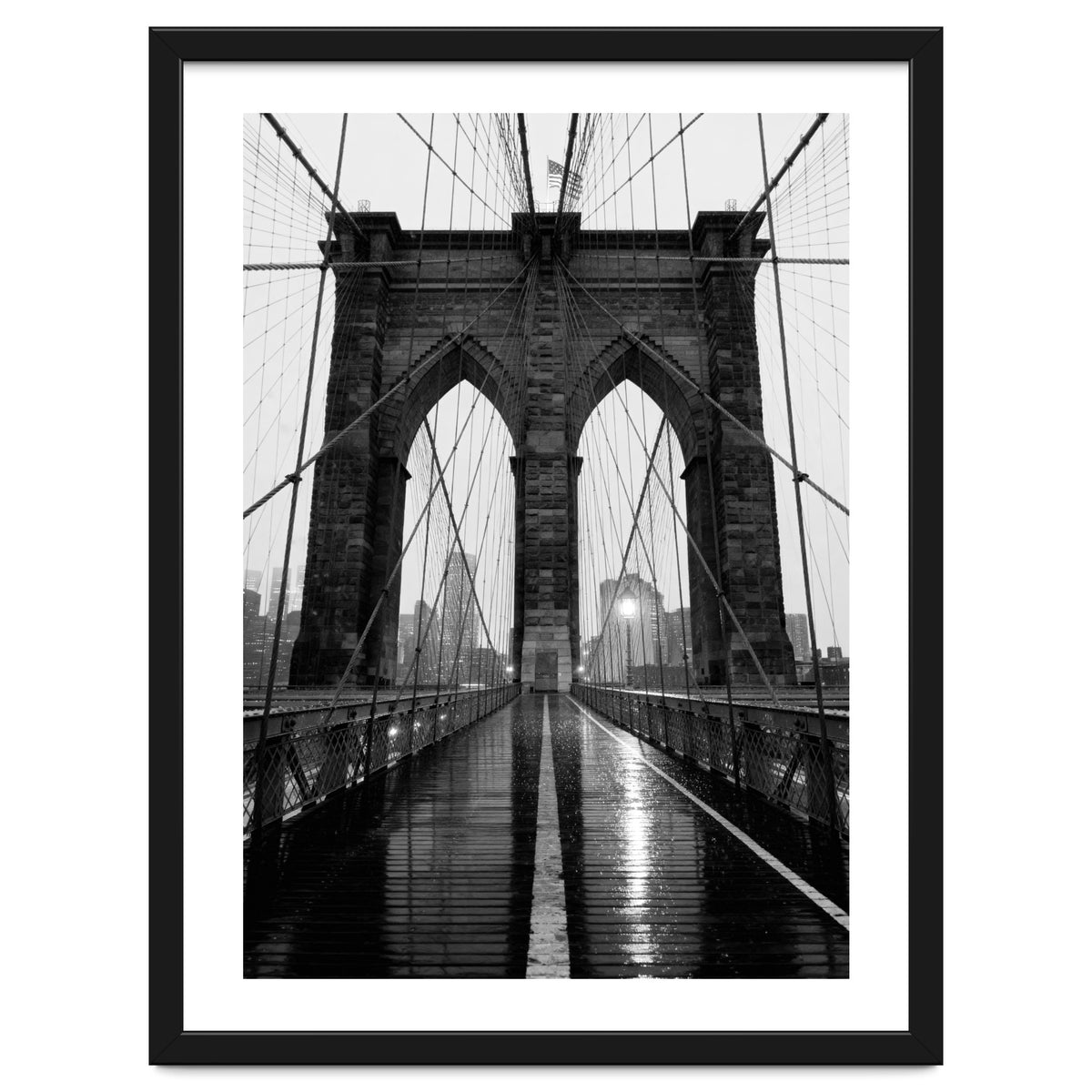 Brooklyn Bridge Black and White, Moody NYC Architecture, Rainy Urban Photography