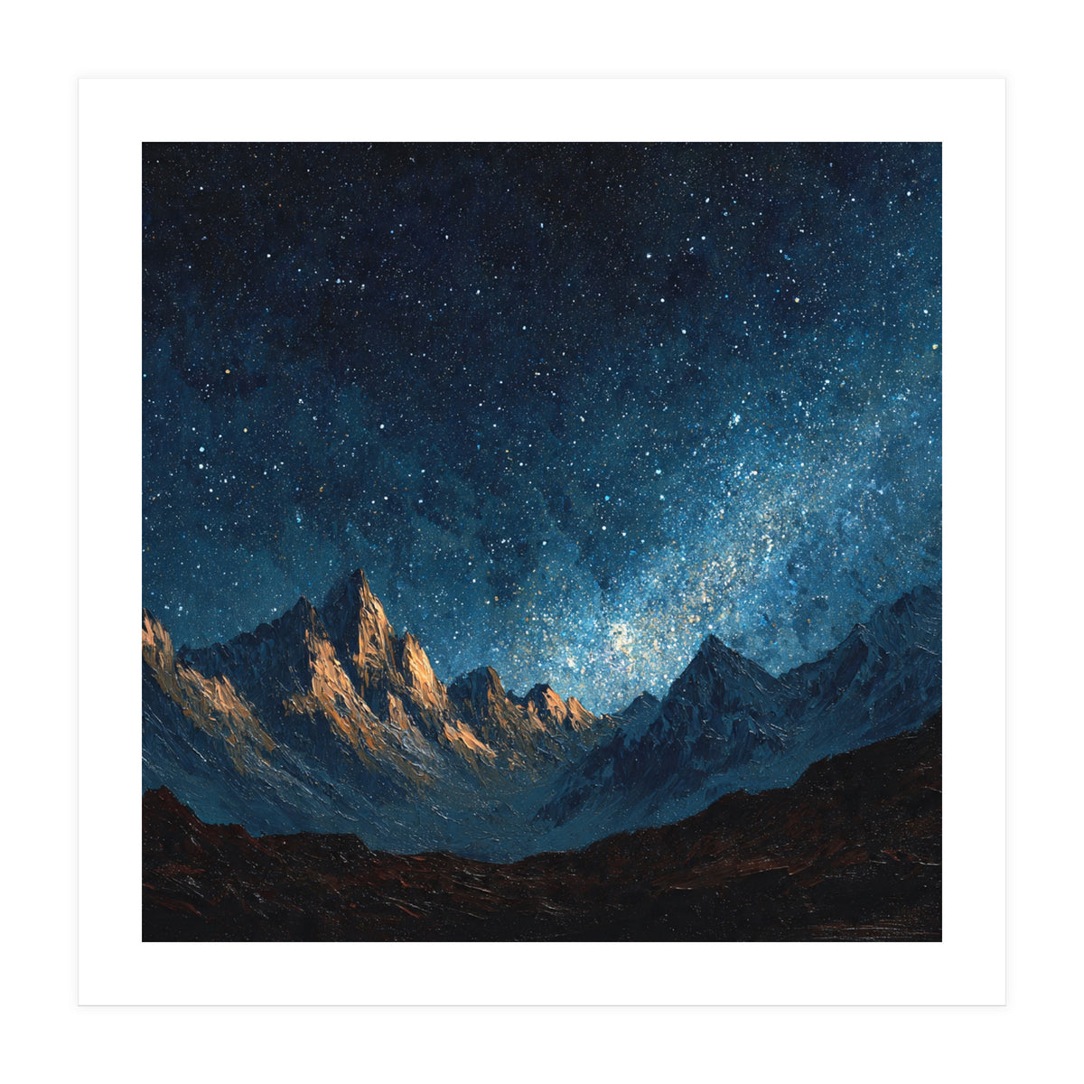 Starry Night Over Majestic Mountains Impasto Oil Painting Style (Print Only)