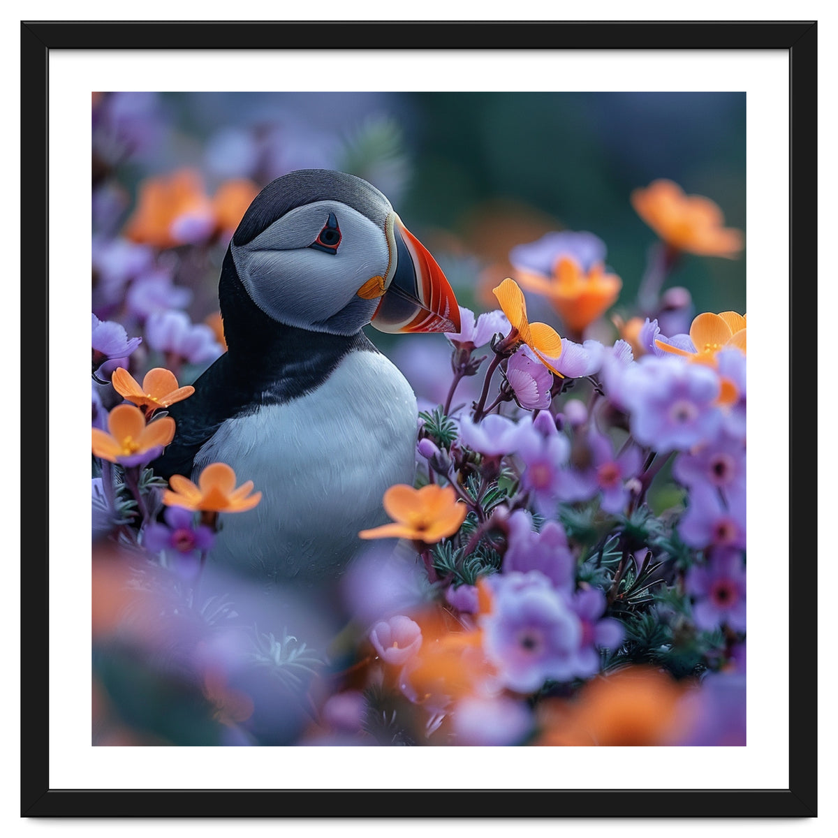 Puffin Bird Among Vibrant Purple And Orange Flowers