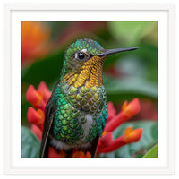 Close Up Of A Hummingbird On Red Flowers