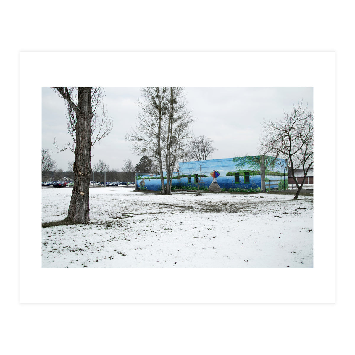 Colorful barn in the snowy ground landscape (Print Only)