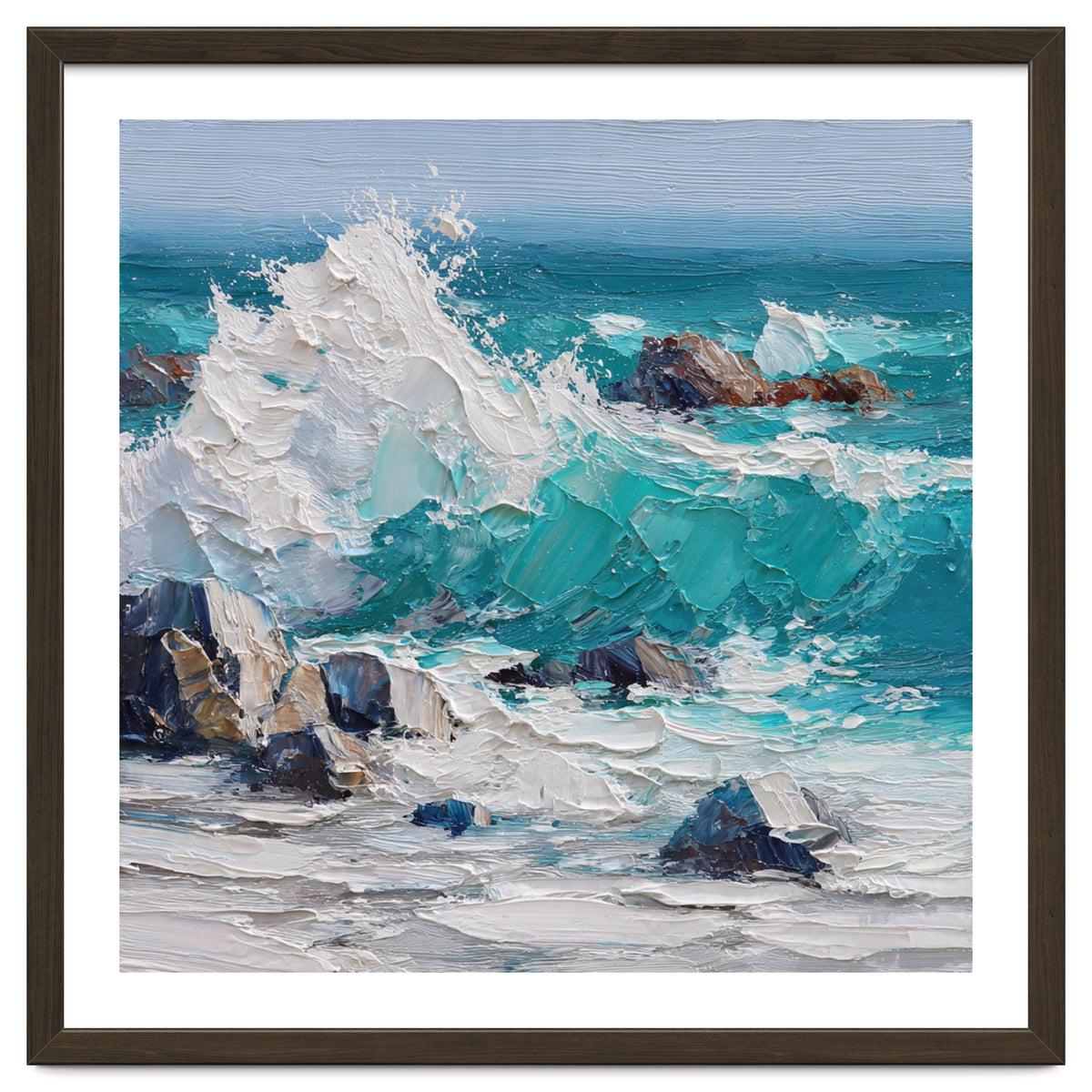 Dynamic Crashing Turquoise Ocean Wave Against Rugged Coastal Rocks