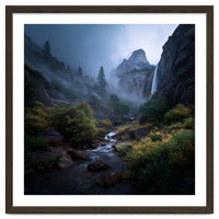Majestic Misty Mountain Valley with Cascading Waterfall