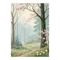 Enchanted Spring Woodland Path with Blooming Cherry Blossoms and Misty Pastel Forest Atmosphere (Print Only)