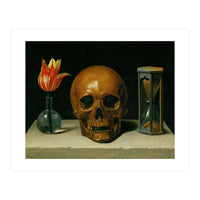 Vanitas, allegory of fleeting time with skull and hour-glass. Oil on canvas. (Print Only)