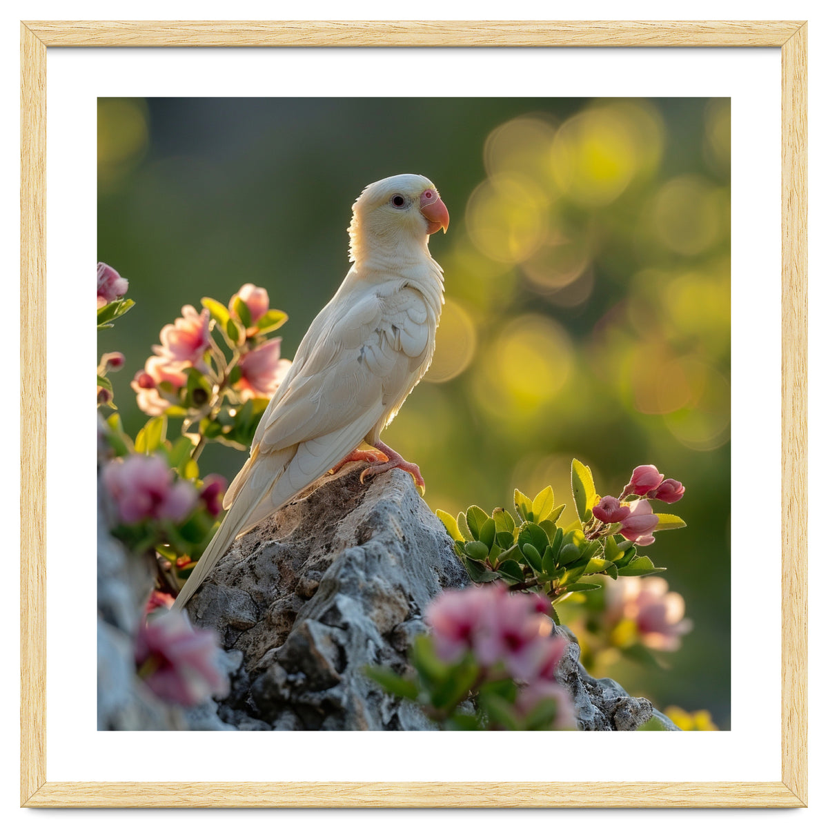 Albino Parrot Perched On A Rock Amongst Flowers