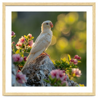 Albino Parrot Perched On A Rock Amongst Flowers