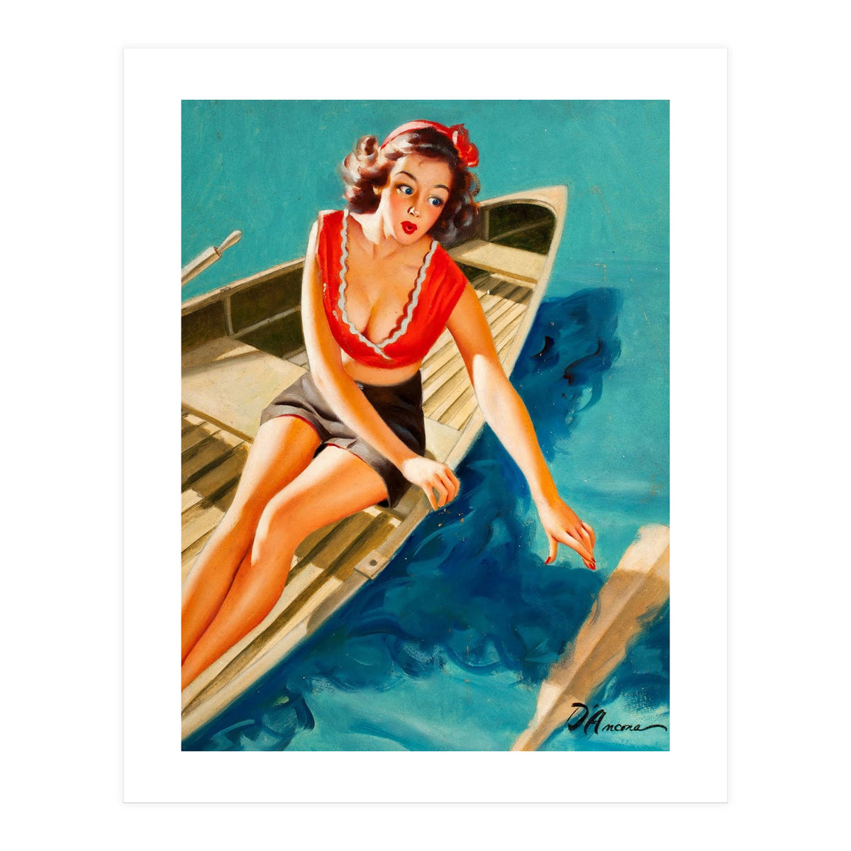 Pinup Sexy Girl In A Boat And A Lost Paddle (Print Only)