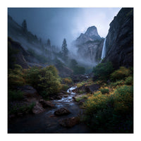 Majestic Misty Mountain Valley with Cascading Waterfall (Print Only)