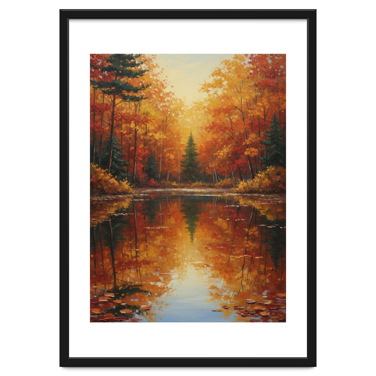 Golden Autumn Reflection: Impasto Forest Landscape