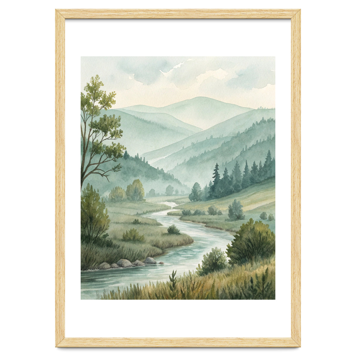 Serene River Valley in Soft Watercolor