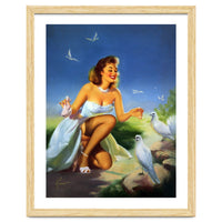 Beautiful Pinup Girl Feeding White Pigeons