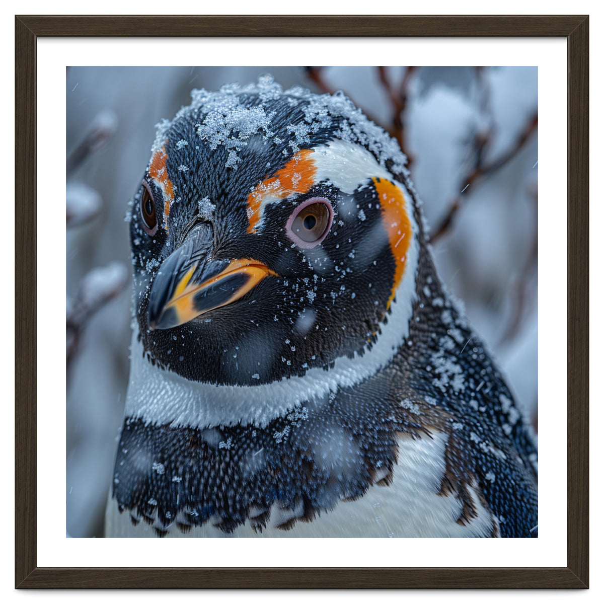 Penguin In Snow Falling Close Up Portrait