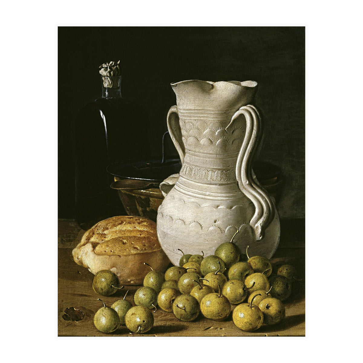 Luis Egidio Meléndez: 'Still Life with Small Pears, Bread, White Pitcher, Glass Bottle, and.., 1760. (Print Only)