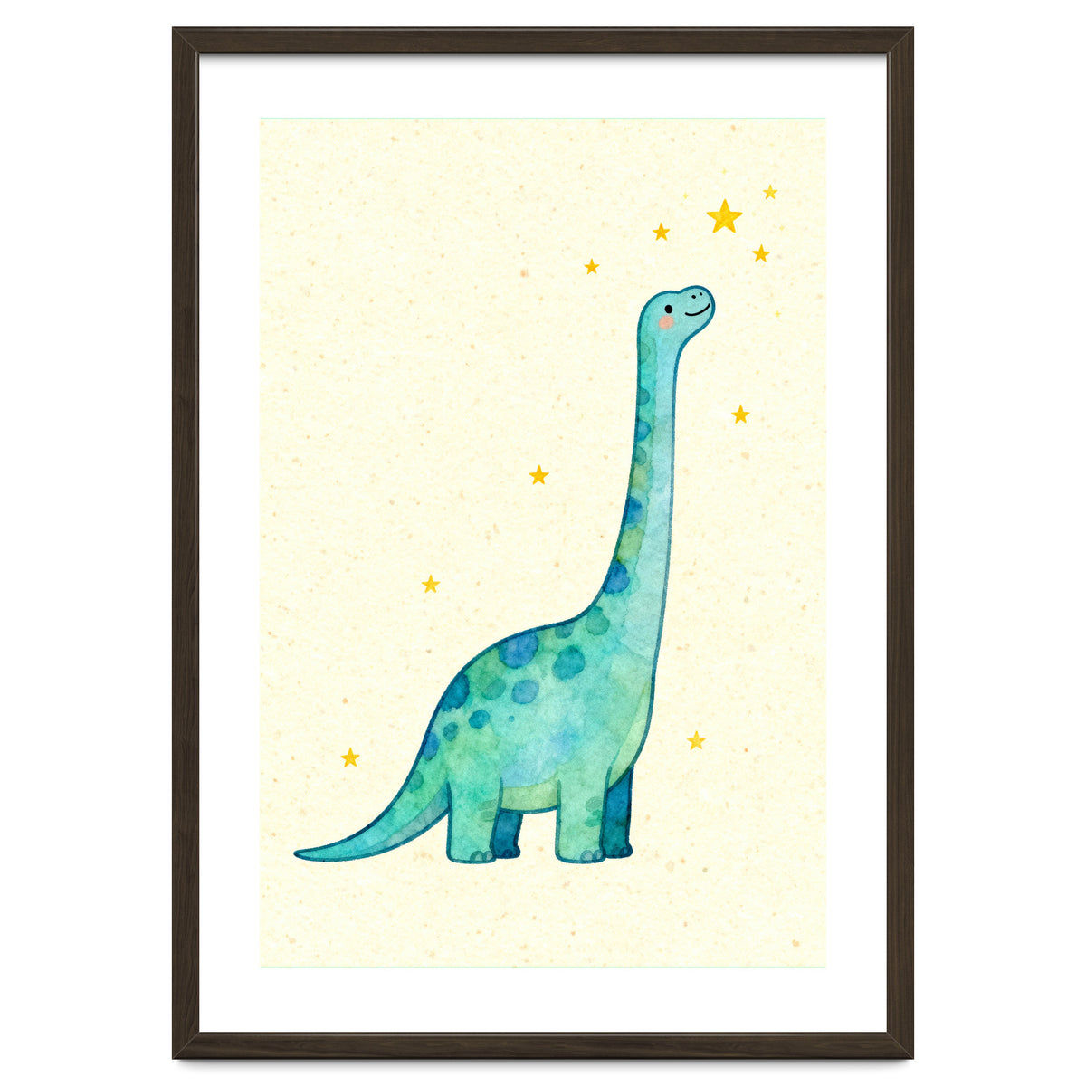 Cute Brontosaurus Watercolor Art, Whimsical Dinosaur Nursery Print, Starry Dino Illustration
