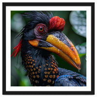 Close Up Of Helmeted Hornbill Bird In Rain