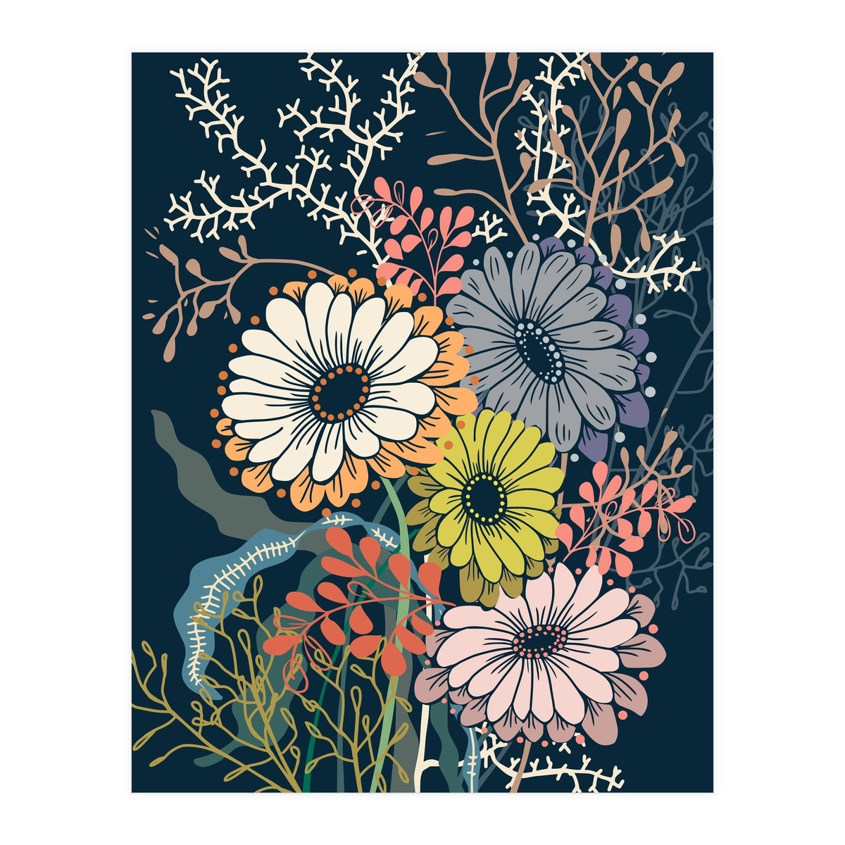 Springtime daisies dark blue (Print Only)