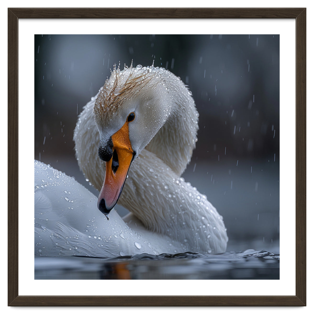 White Swan Bird With Water Droplets In Rain