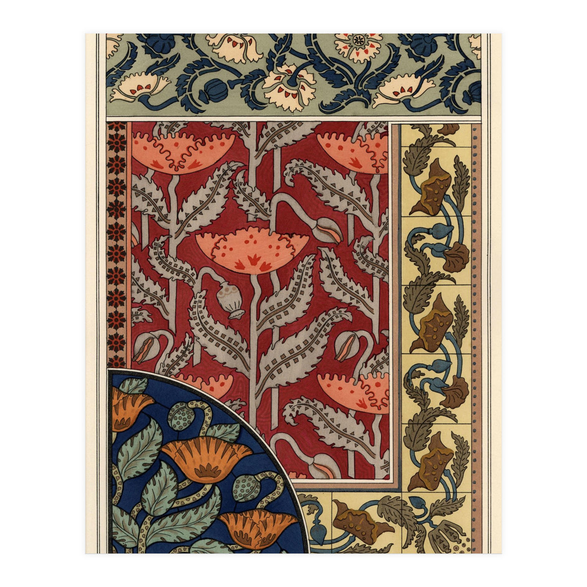 The poppy, Papaver somniferum, in stained glass, wallpaper, fabric and tile patterns. Lithograph ... (Print Only)