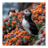 Atlantic Puffin Bird Perched On Orange Flowers (Print Only)