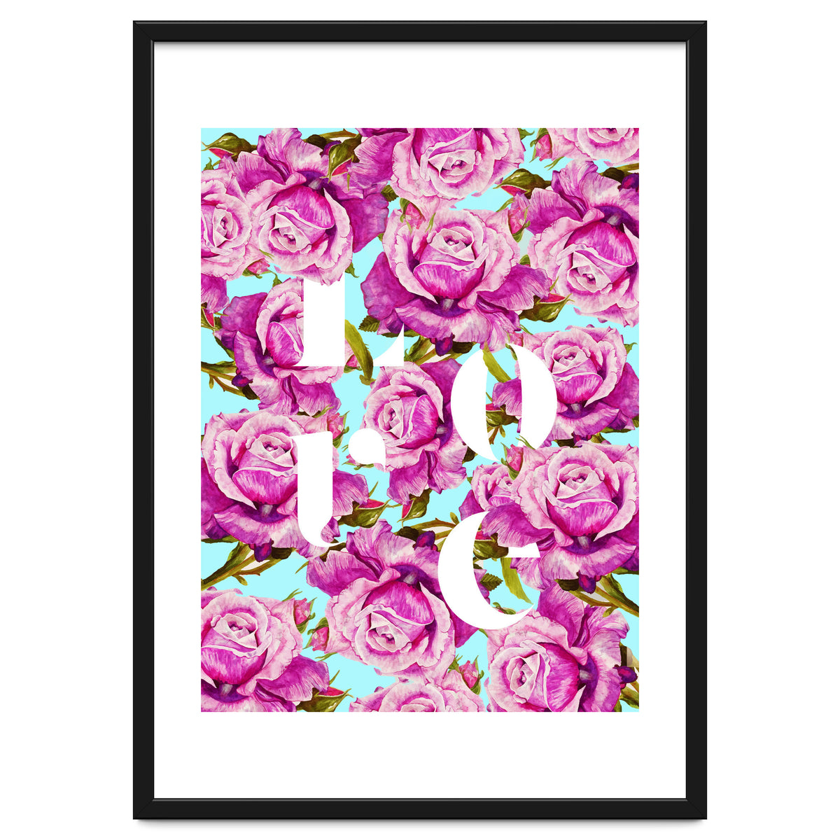 Love, Floral Typography Valentine's Graphic Design, Eclectic Modern Boho Botanical Rose Illustration