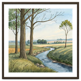 Pastoral Countryside Watercolor Painting with Winding Stream Meadows and Deciduous Trees Landscape thumbnail
