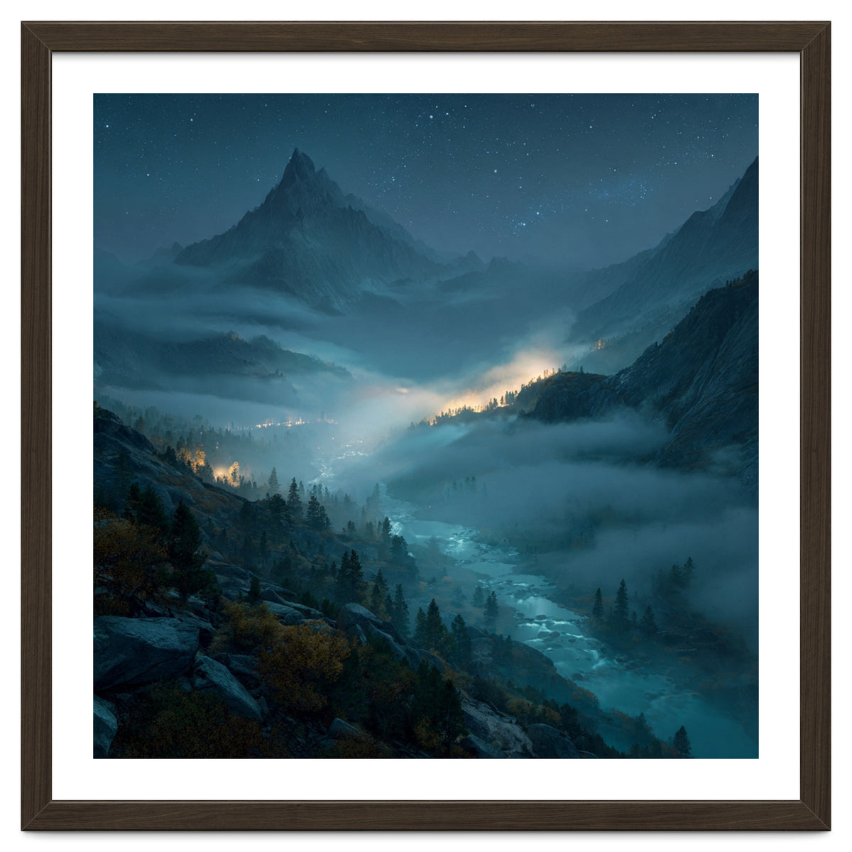 Moonlit Alpine Valley at Night with Shimmering River